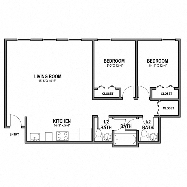 Floor plan for 2 beds, 1.5 baths, 710 sqft